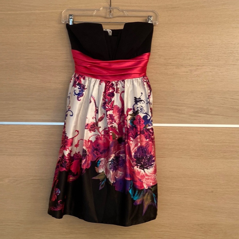 Strapless floral and black satin cocktail dress s